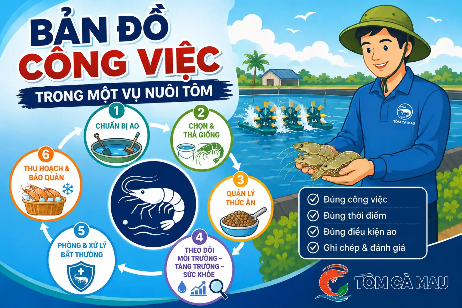 Người nuôi kiểm tra ao trong quy trình nuôi tôm Cà Mau